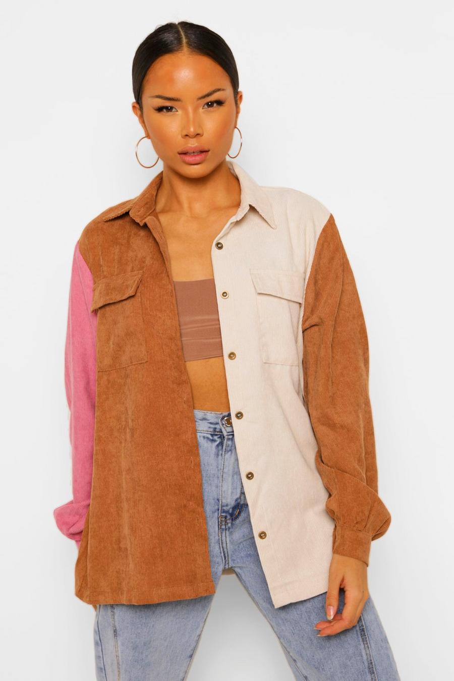 Camel Cord Colour Block Oversized Shirt image number 1