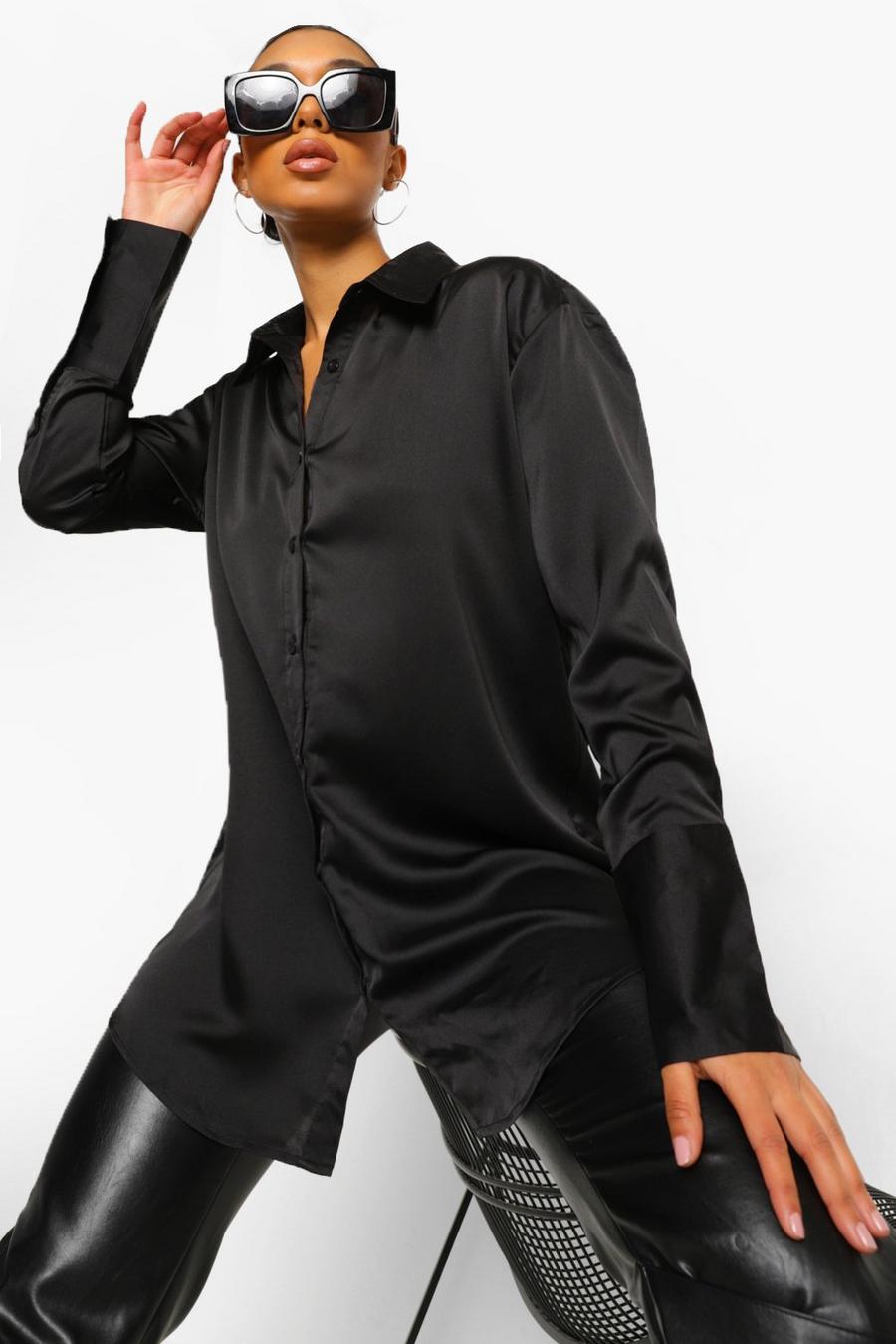 שחור חולצת סאטן אוברסייז עם חפתים image number 1