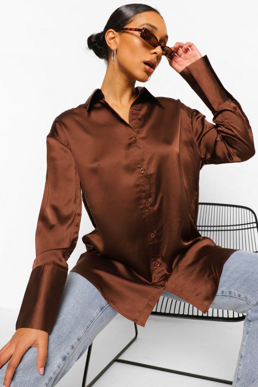 Chocolate Satin Oversized Cuff Shirt image number 1