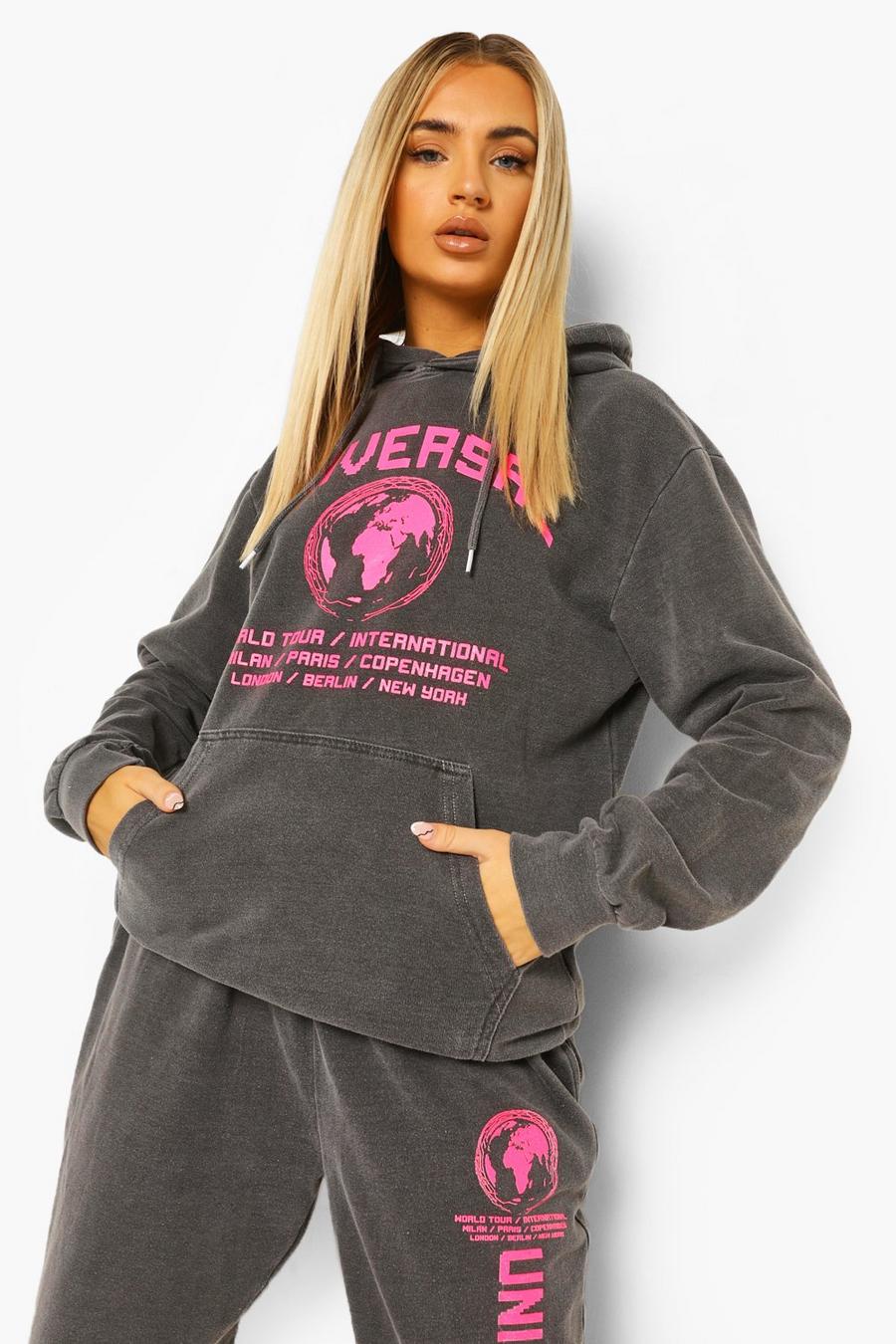 Charcoal "Universal" Stentvättad oversize hoodie med slogan image number 1