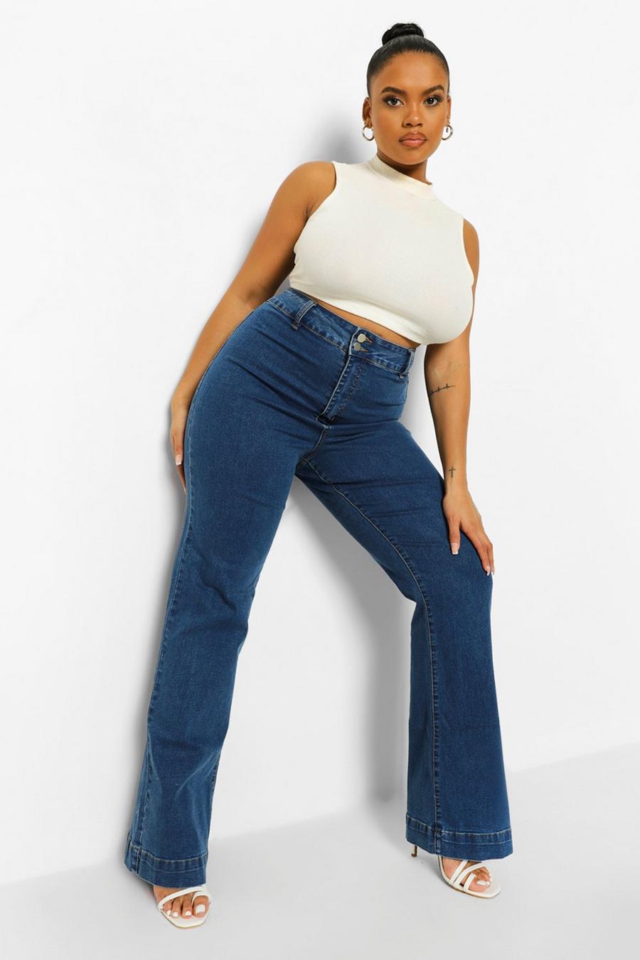 Mid blue Plus Basic Fitted Denim Flared Jeans image number 1