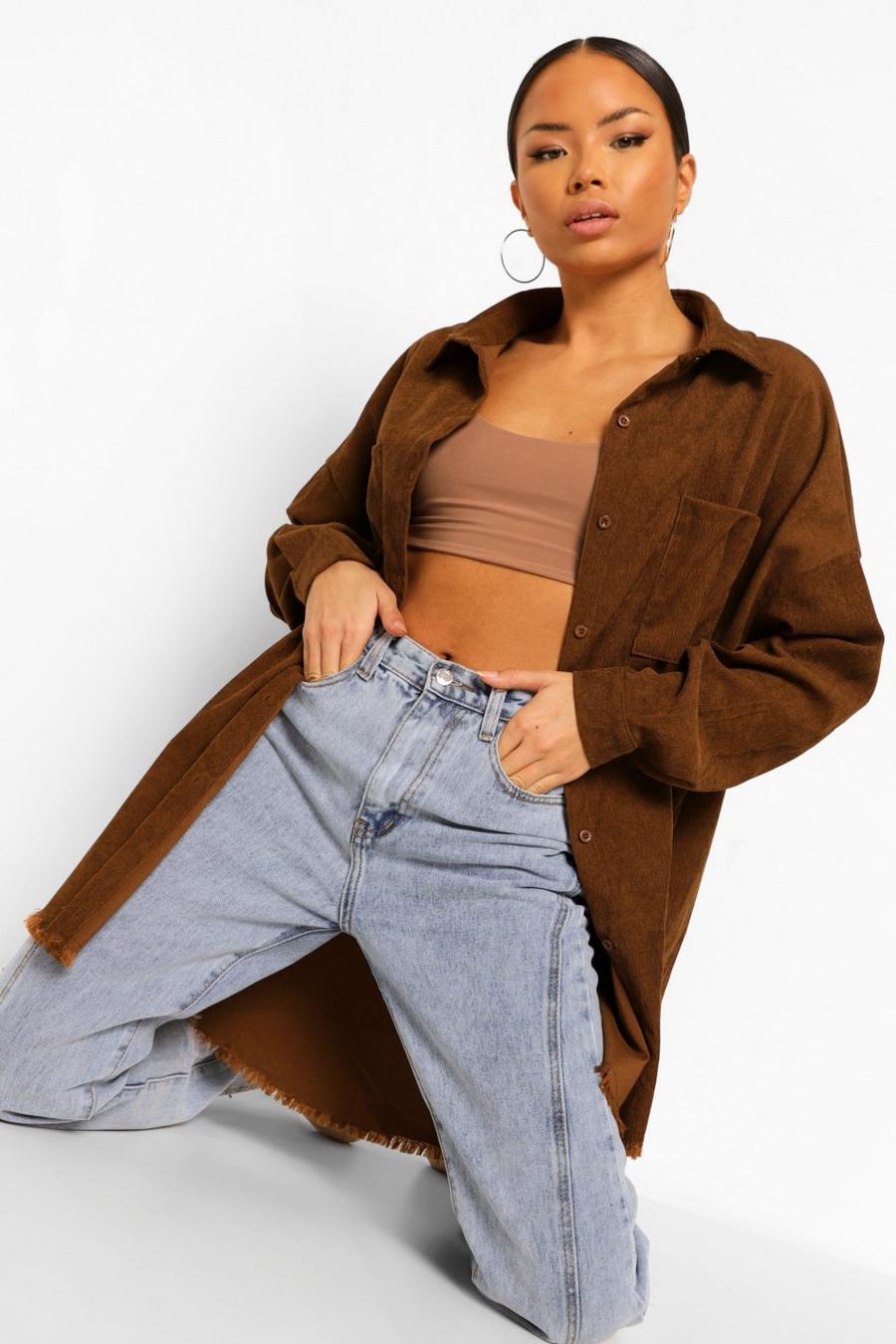 Chocolate Cord Frayed Hem Oversized Shirt image number 1