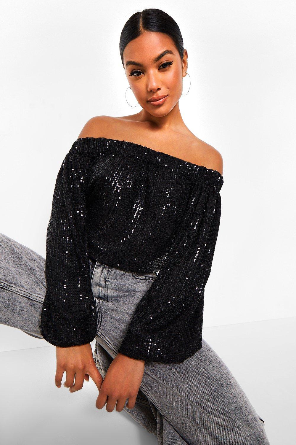 Black sparkly off the shoulder top on sale