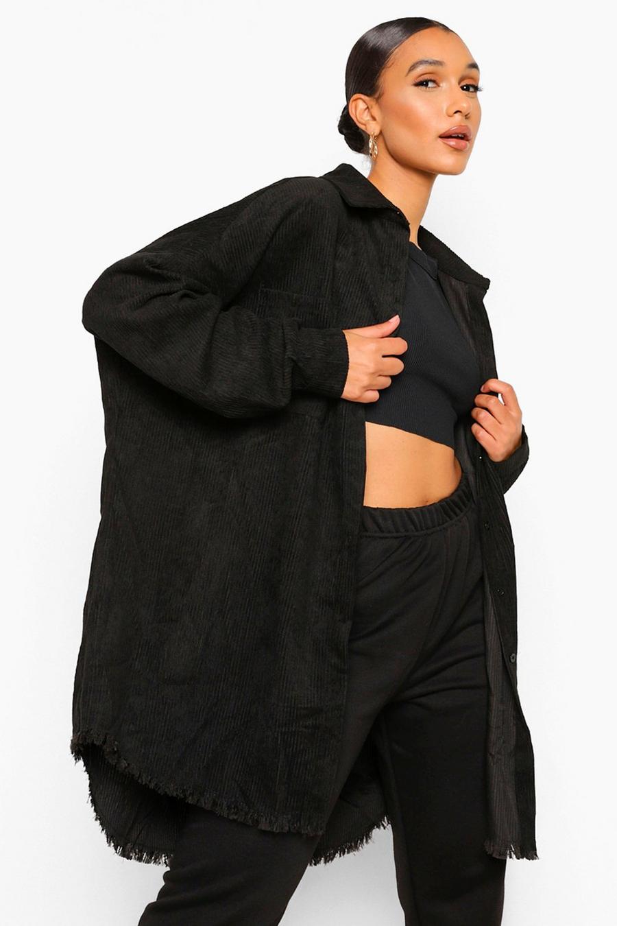 Black Jumbo Cord Frayed Hem Oversized Shirt image number 1