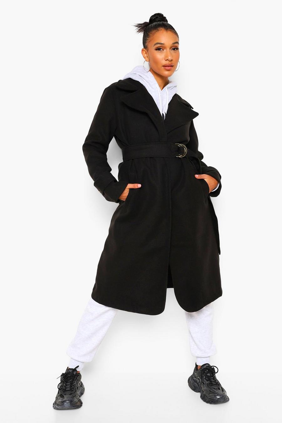 Black Belted Wool Look Trench Coat image number 1