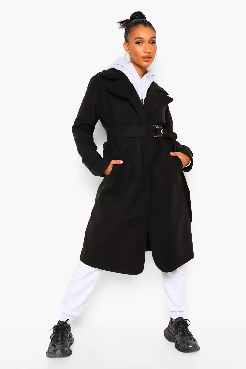 Boohoo belted wool look hotsell trench coat in black