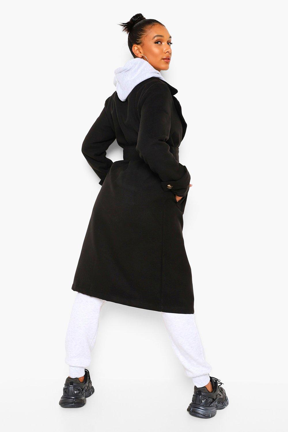 Boohoo belted wool look trench coat in black sale