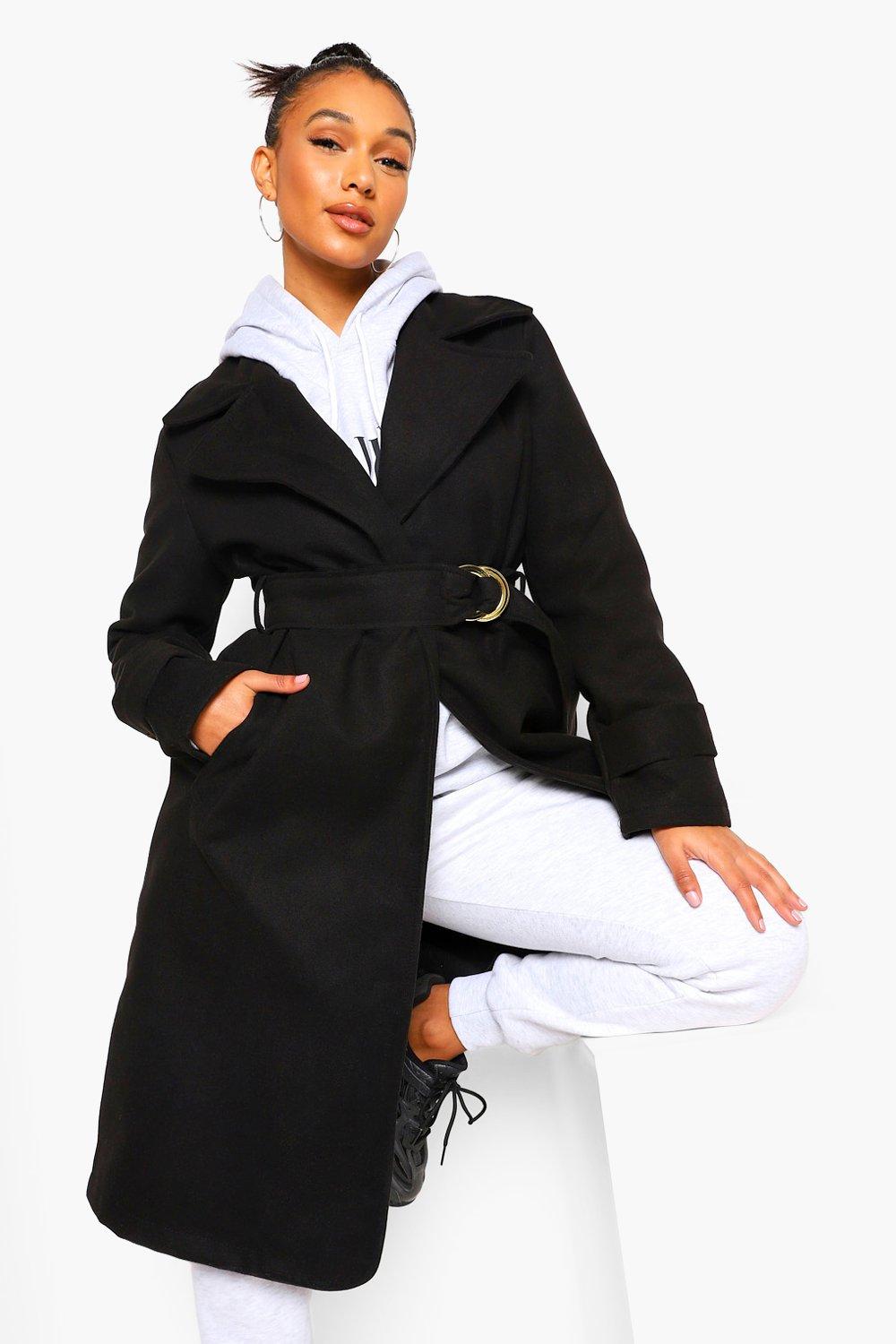 Boohoo belted wool look trench best sale