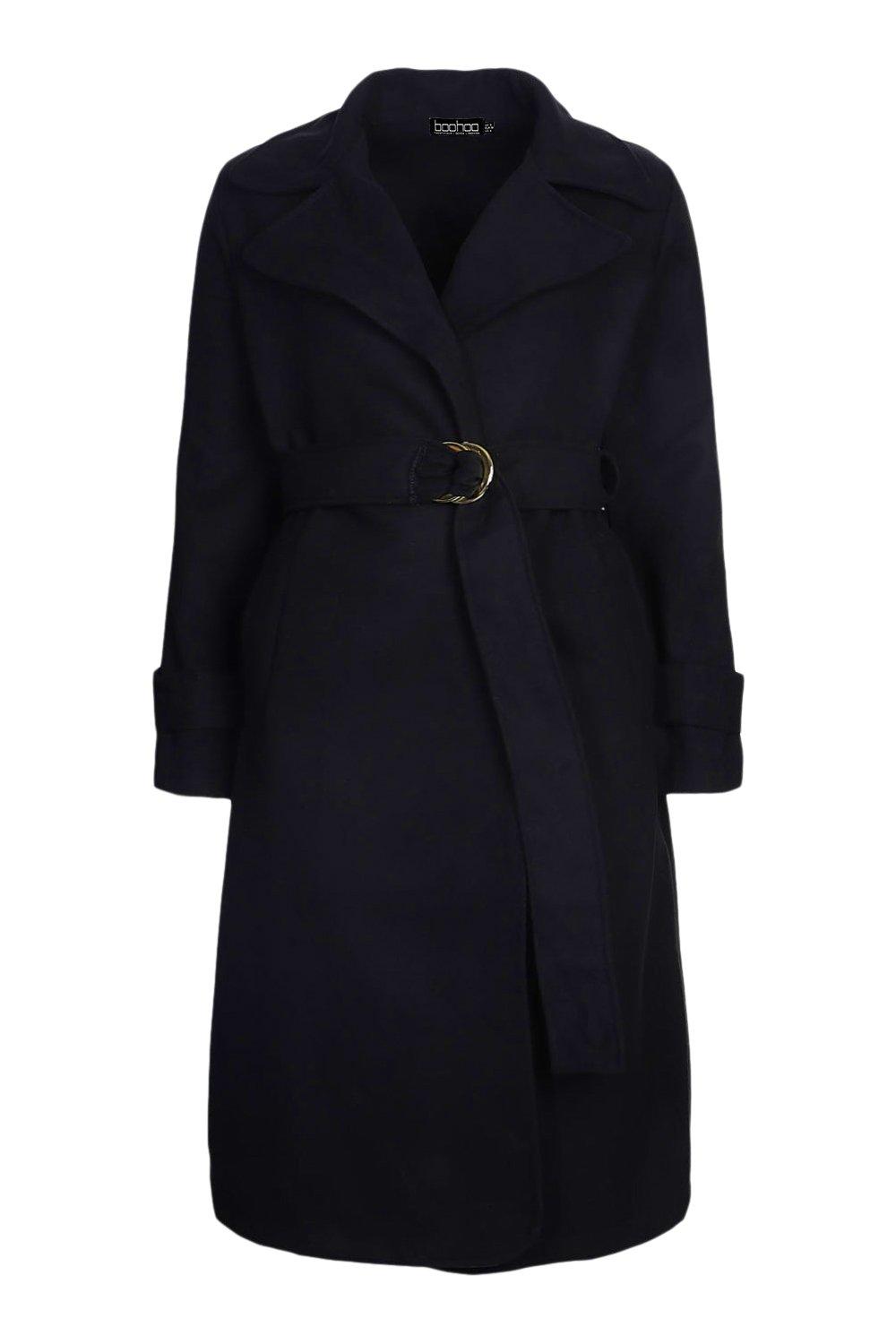 Boohoo belted wool look trench coat in black hotsell