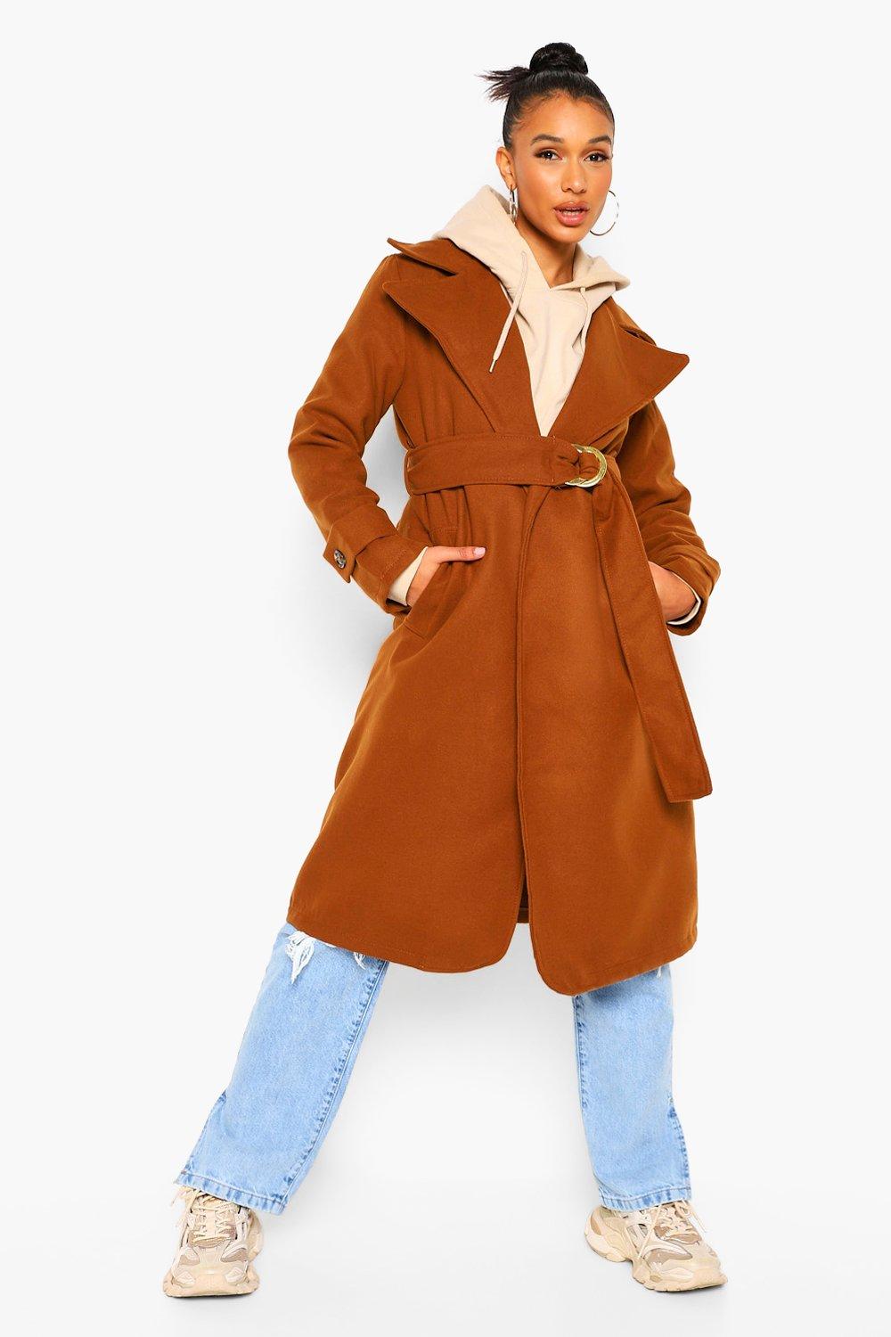 boohoo belted wool look trench