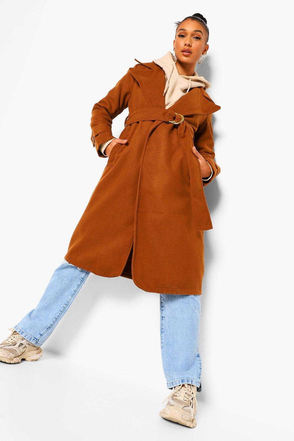 boohoo belted wool look trench