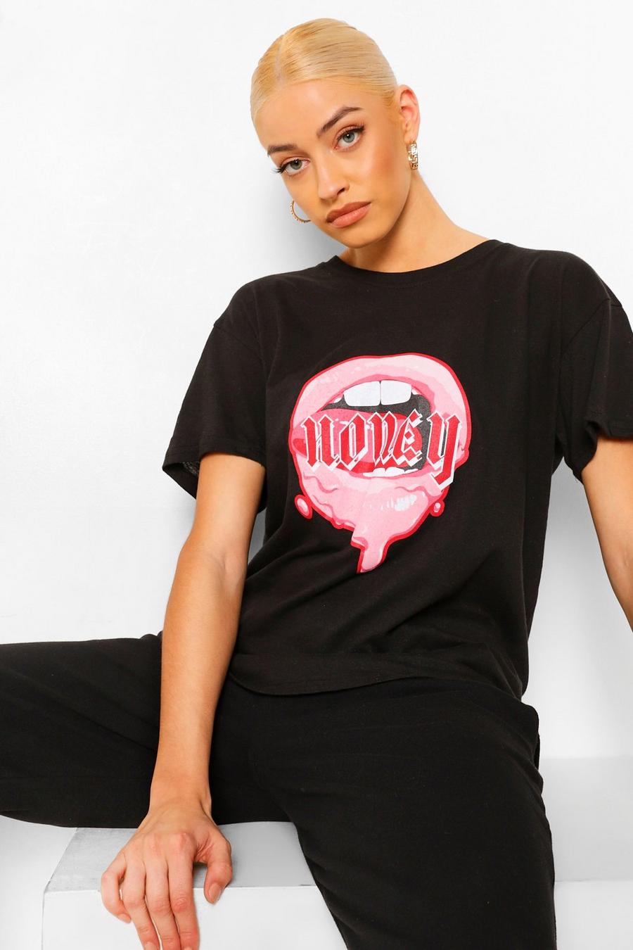 Printed T-Shirt mit Honey-Lippen-Aufdruck, Schwarz image number 1