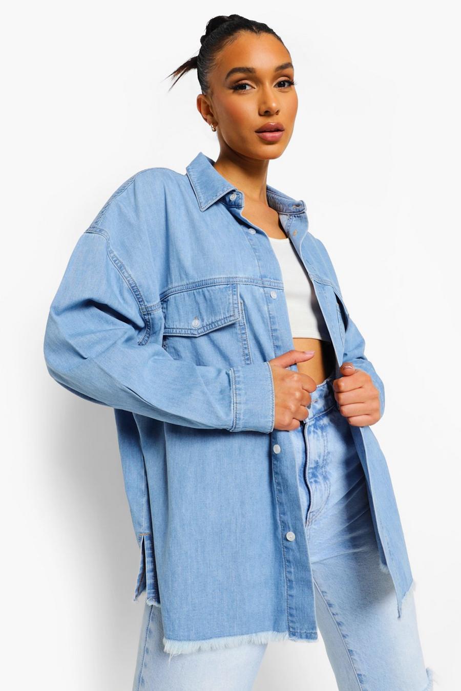Chemise en jean à ourlet effiloché et poches , Bleu moyen image number 1