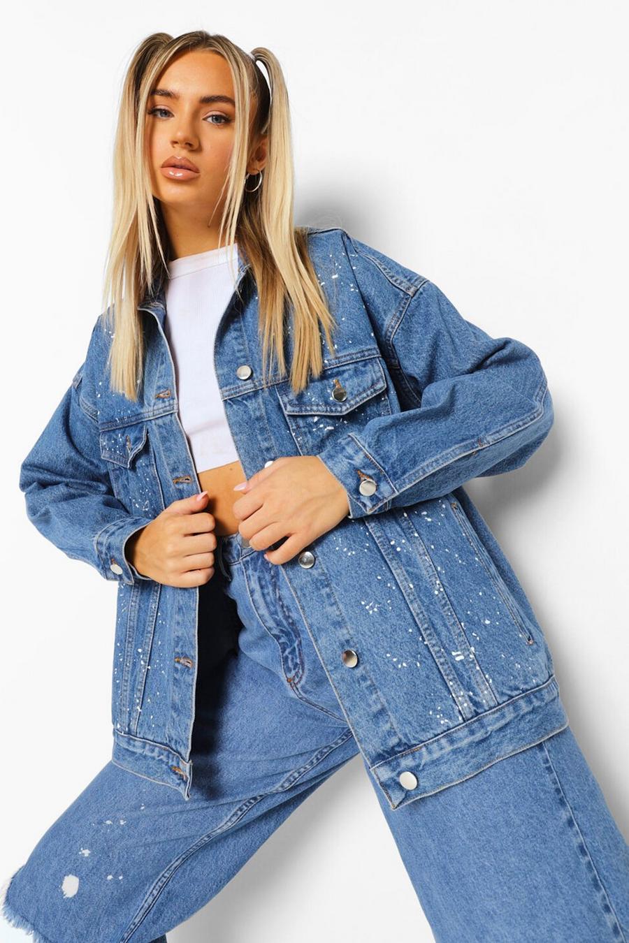 Übergroße Jeansjacke mit Paint-Detail, Mittelblau image number 1