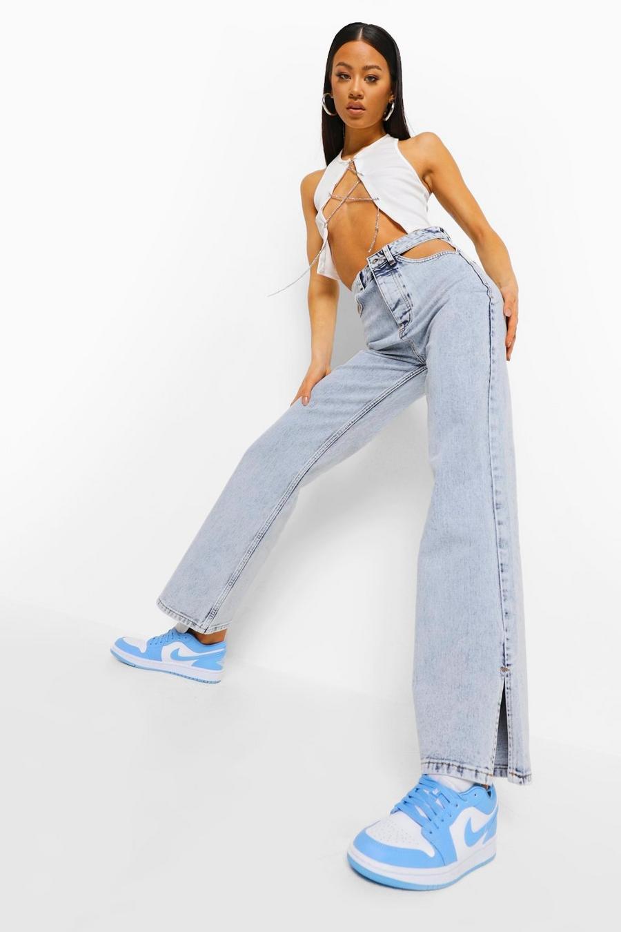 Ice blue Stentvättade jeans med cut-outs och vida ben med slitsar image number 1
