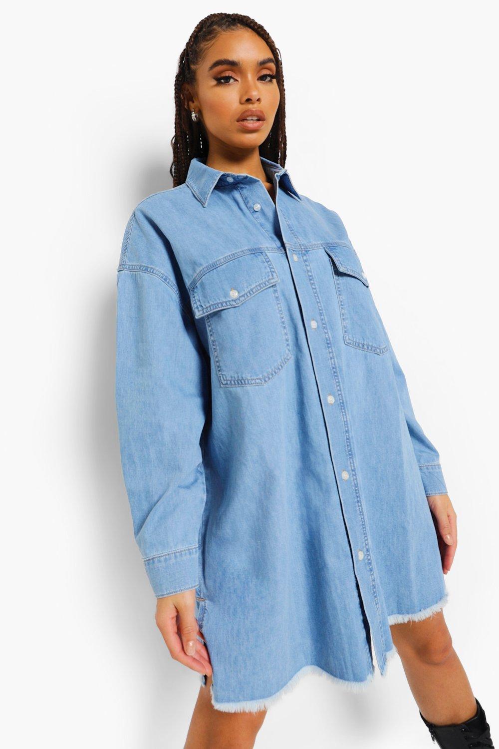 denim frayed shirt dress