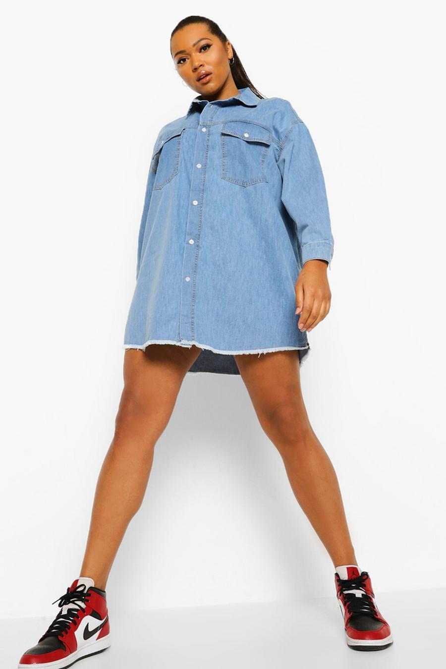 Washed black Frayed Hem Denim Pocket Shirt Dress image number 1