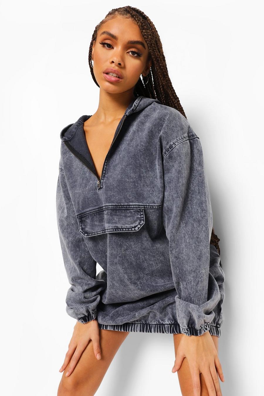 Robe en jean à capuche et poche sur le devant, Grey image number 1