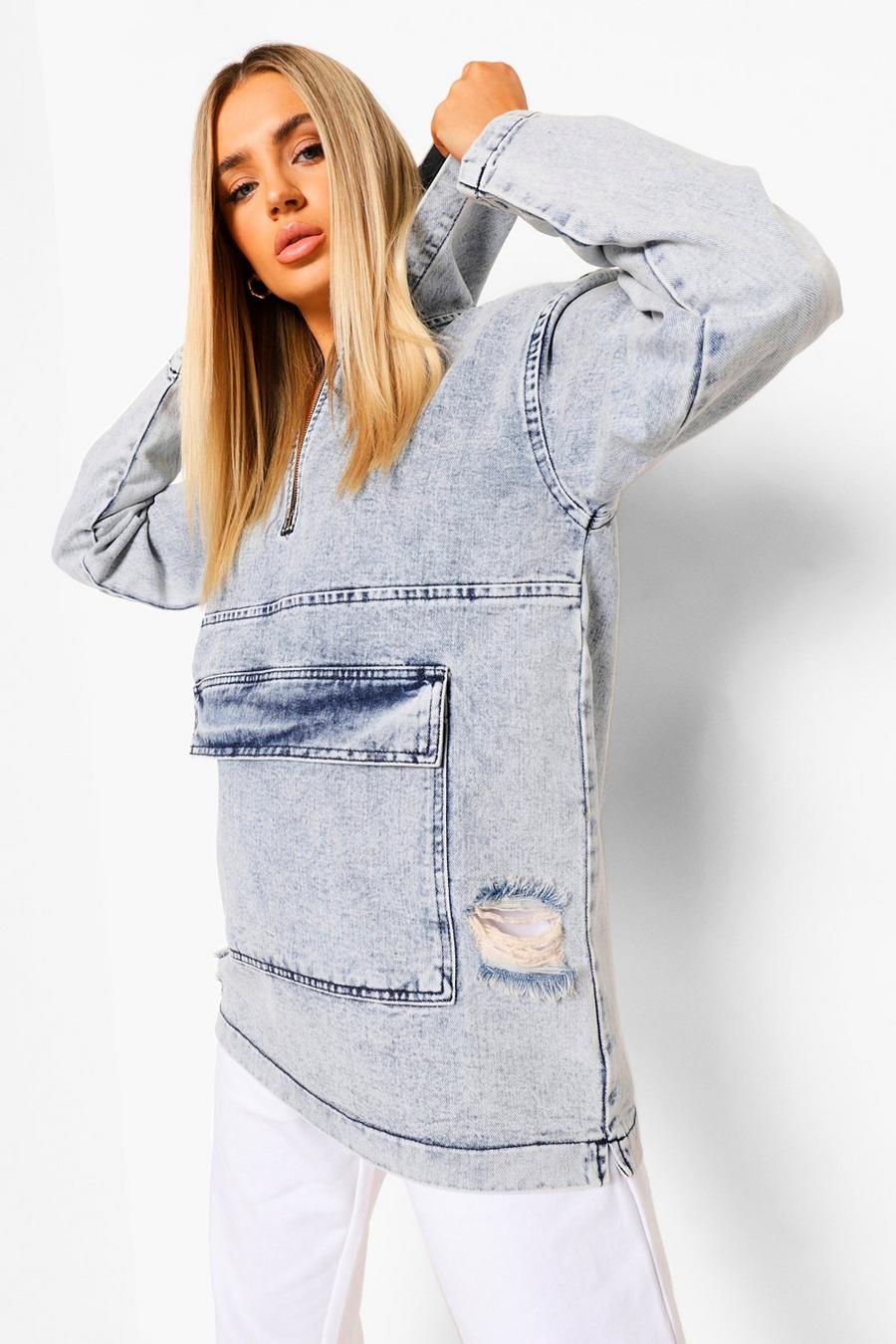 Ice blue Acid Wash Gebleekte Denim Hoodie Met Zakken En Rits image number 1