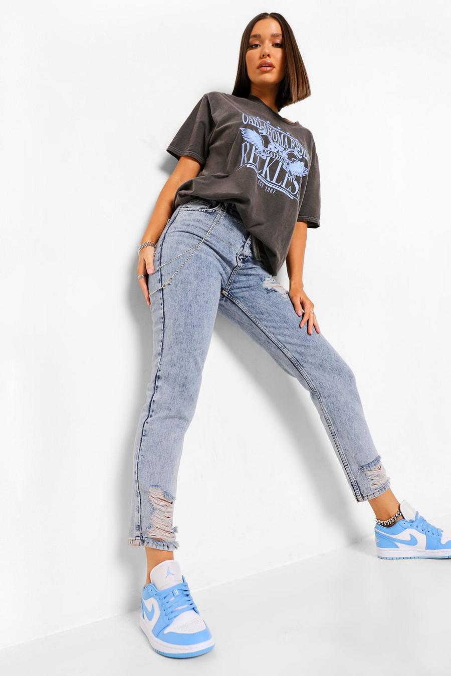 Mom-Jeans in Destroyed-Optik mit Ketten-Detail, Vintage-blau image number 1