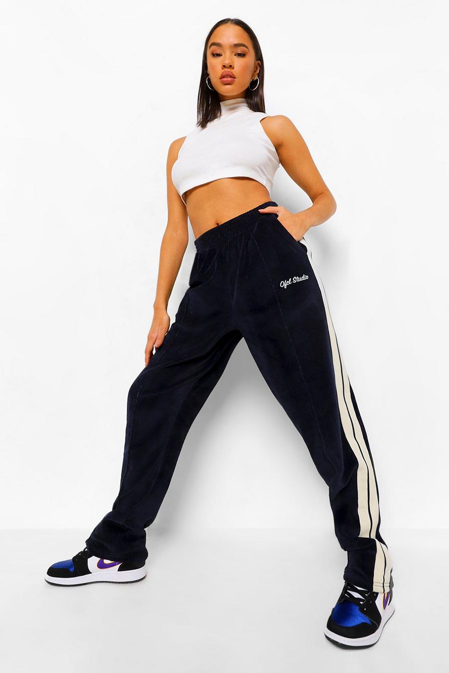 Navy Official Velour Track Pantss With Tape image number 1