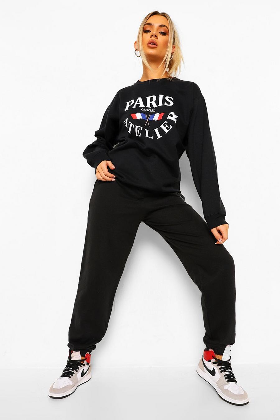 Black "Paris" Träningsoverall med sweatshirt och tryck image number 1