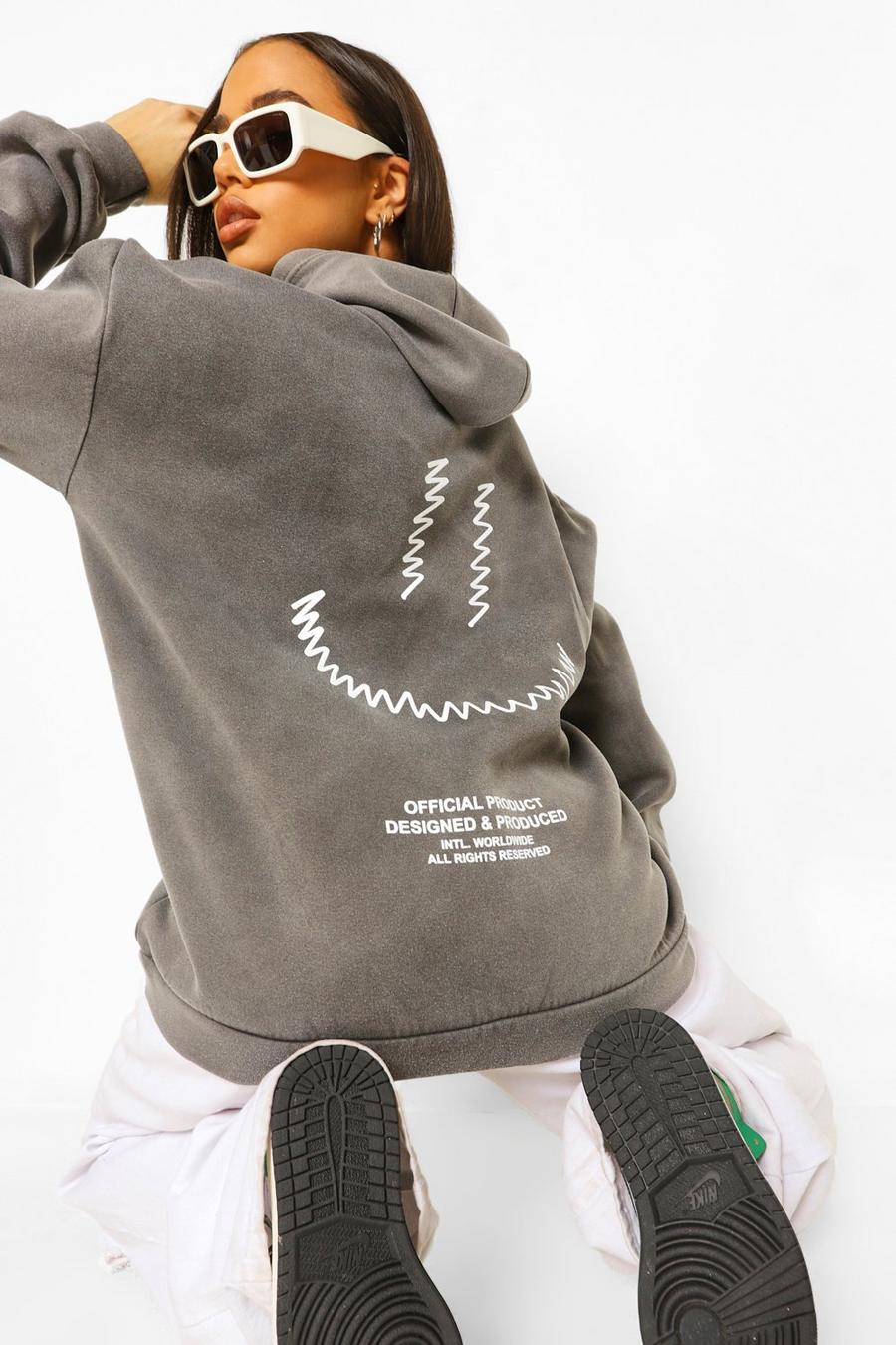 Charcoal Oversize hoodie med stentvättad effekt och smiley image number 1
