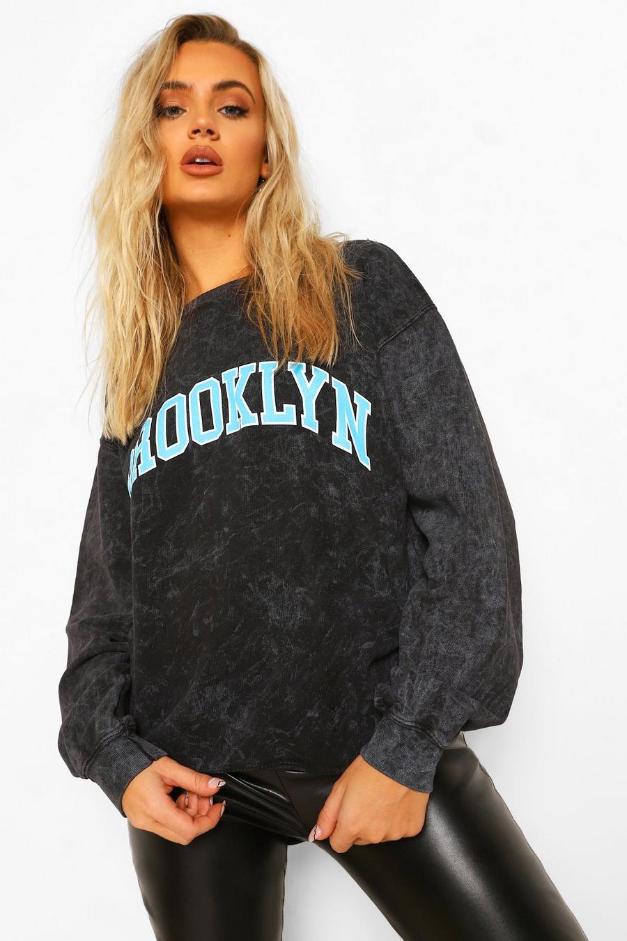 Charcoal "Brooklyn" Oversize stentvättad sweatshirt med slogan image number 1
