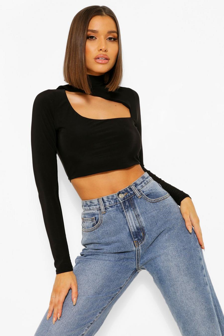 Black High Neck Cut Out Long Sleeve Top image number 1