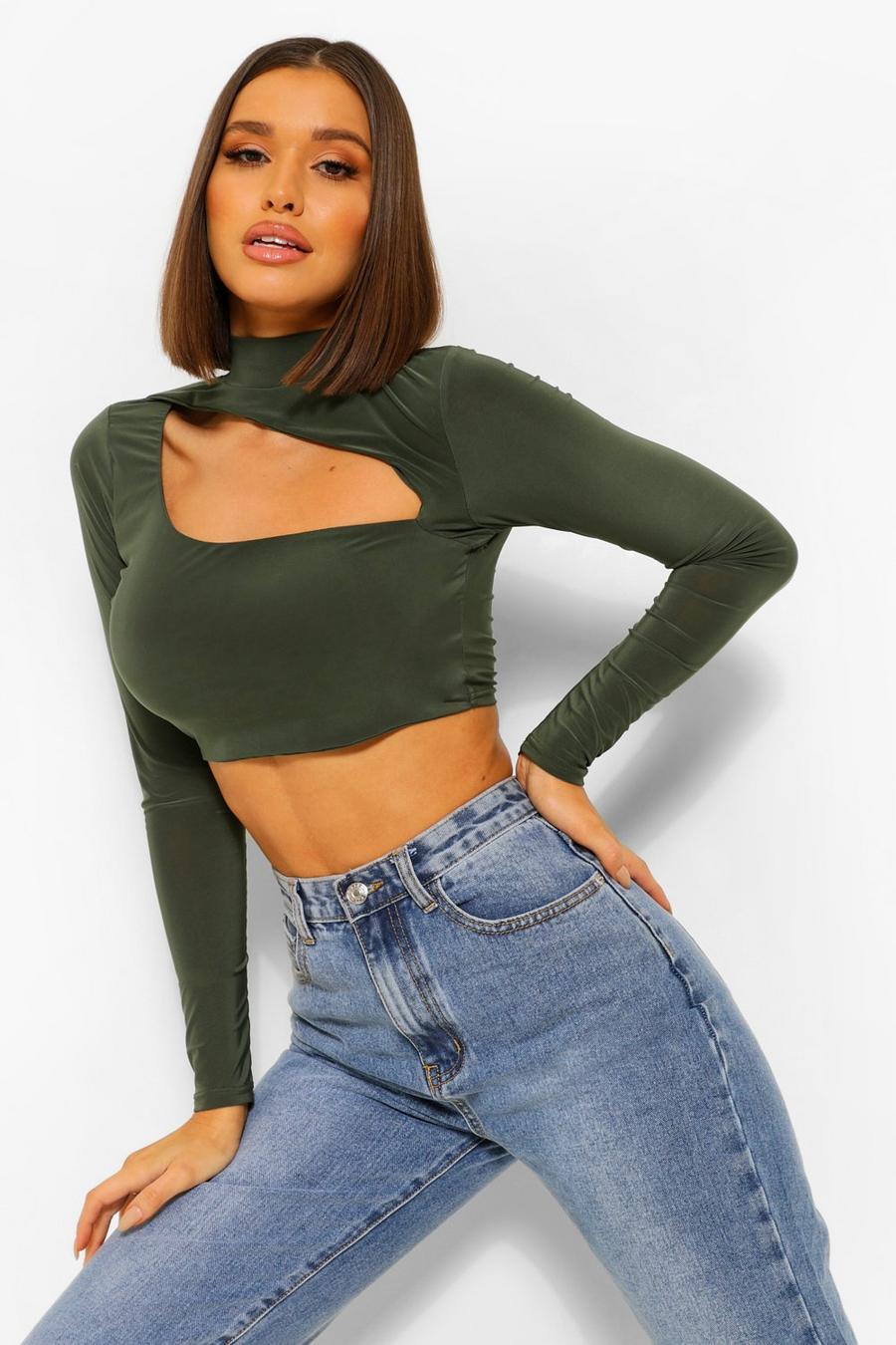 Khaki High Neck Cut Out Long Sleeve Top image number 1