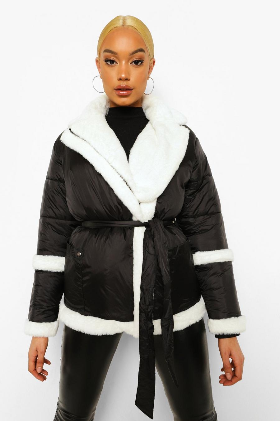 Black Faux Fur Matte Shine Belted Puffer Coat image number 1