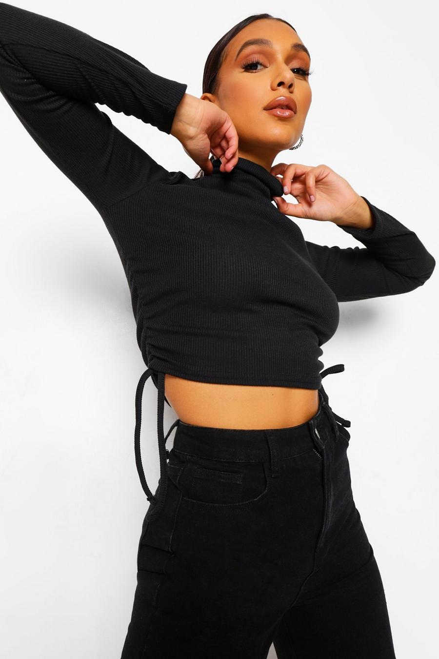 Black Roll Neck Rib Ruched Side Top image number 1