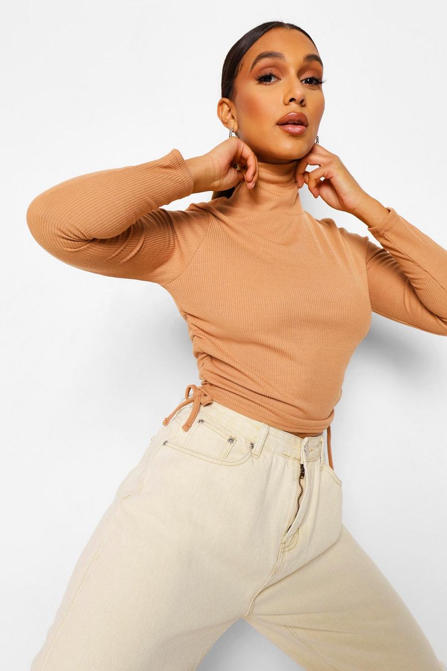 Camel Roll Neck Rib Ruched Side Top image number 1