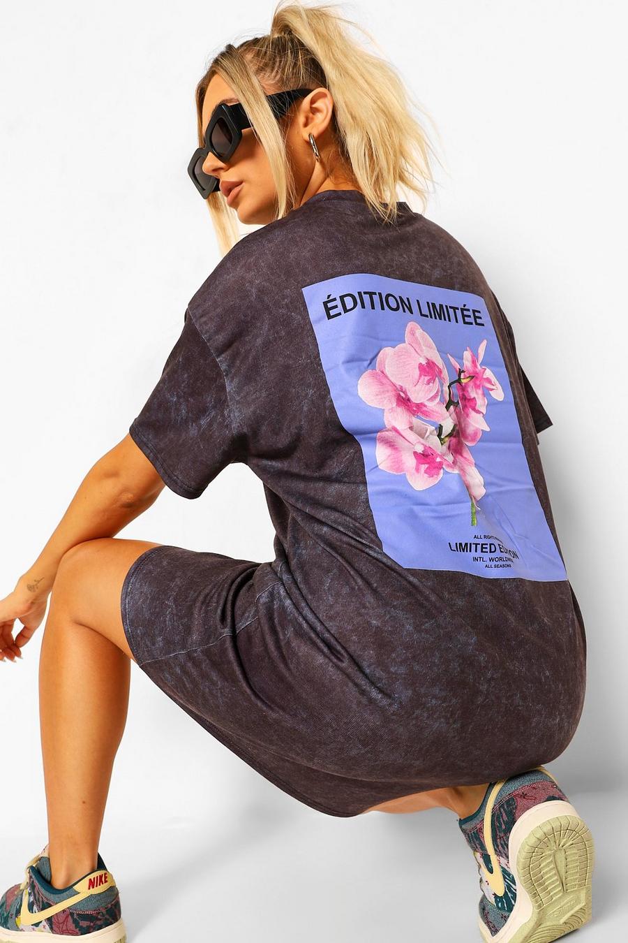 Charcoal Oversized Acid Wash Back Graphic T-Shirt Dress image number 1