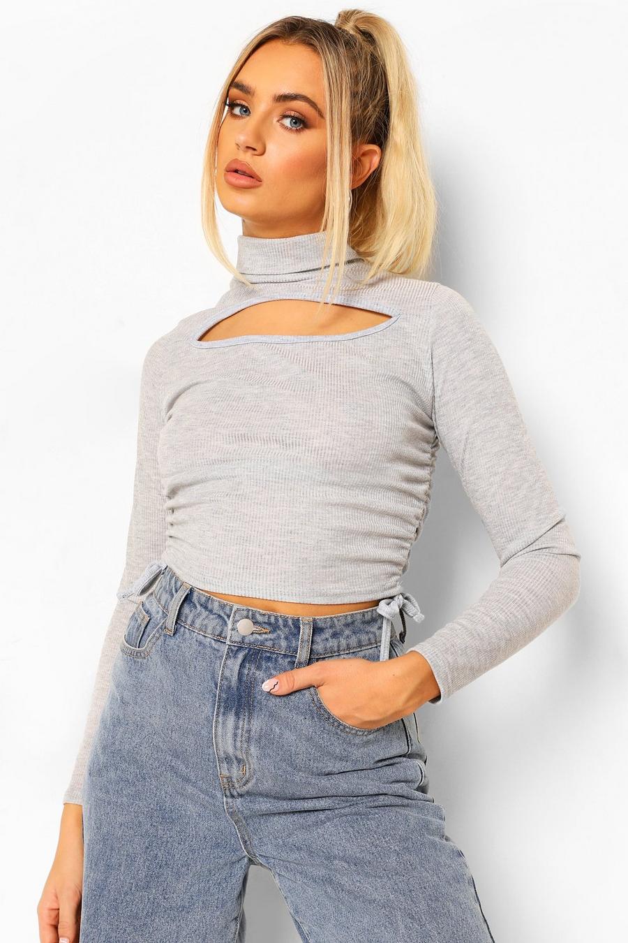 Grey marl High Neck Cut Out Ruched Side Ribbed Top image number 1