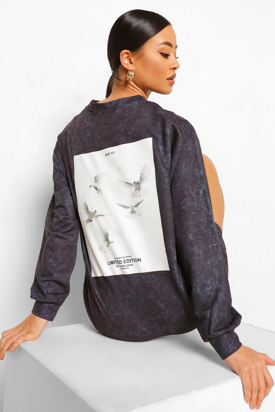 Charcoal Oversize sweatshirtklänning med stentvättad effekt och tryck bak image number 1