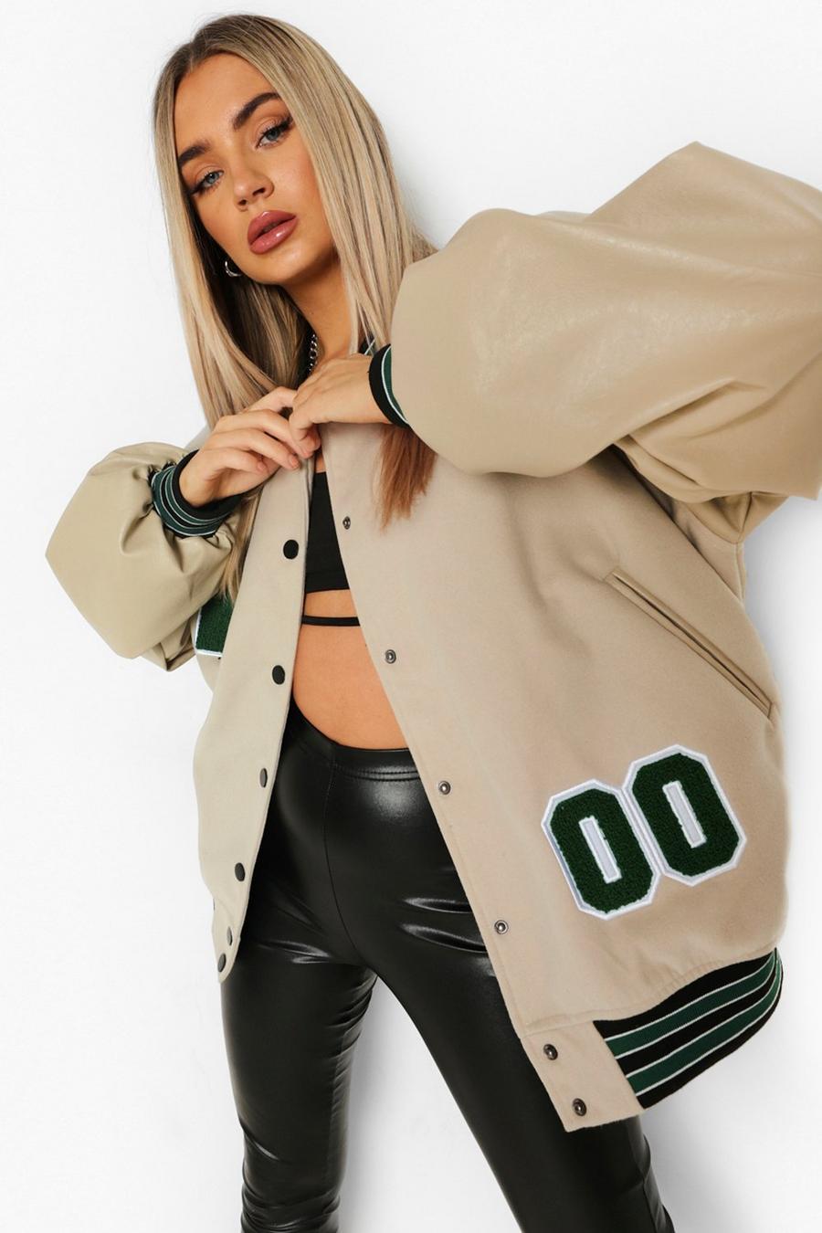 Giacca oversize stile Varsity con maniche in PU, Taupe image number 1