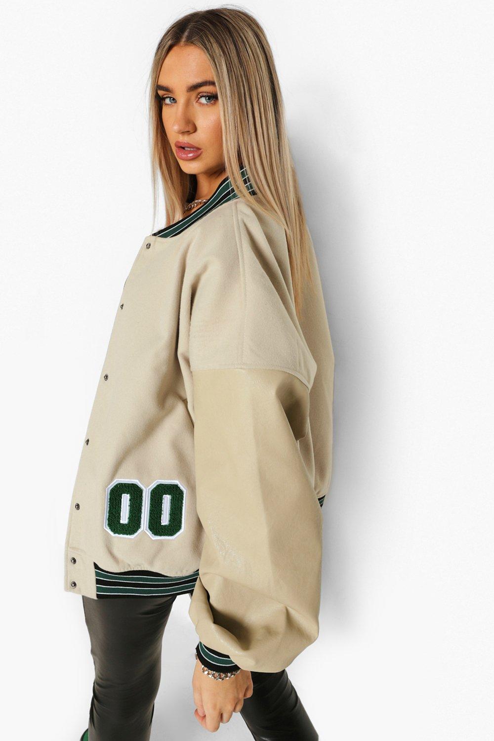 Beige crop varsity jacket with PU sleeves