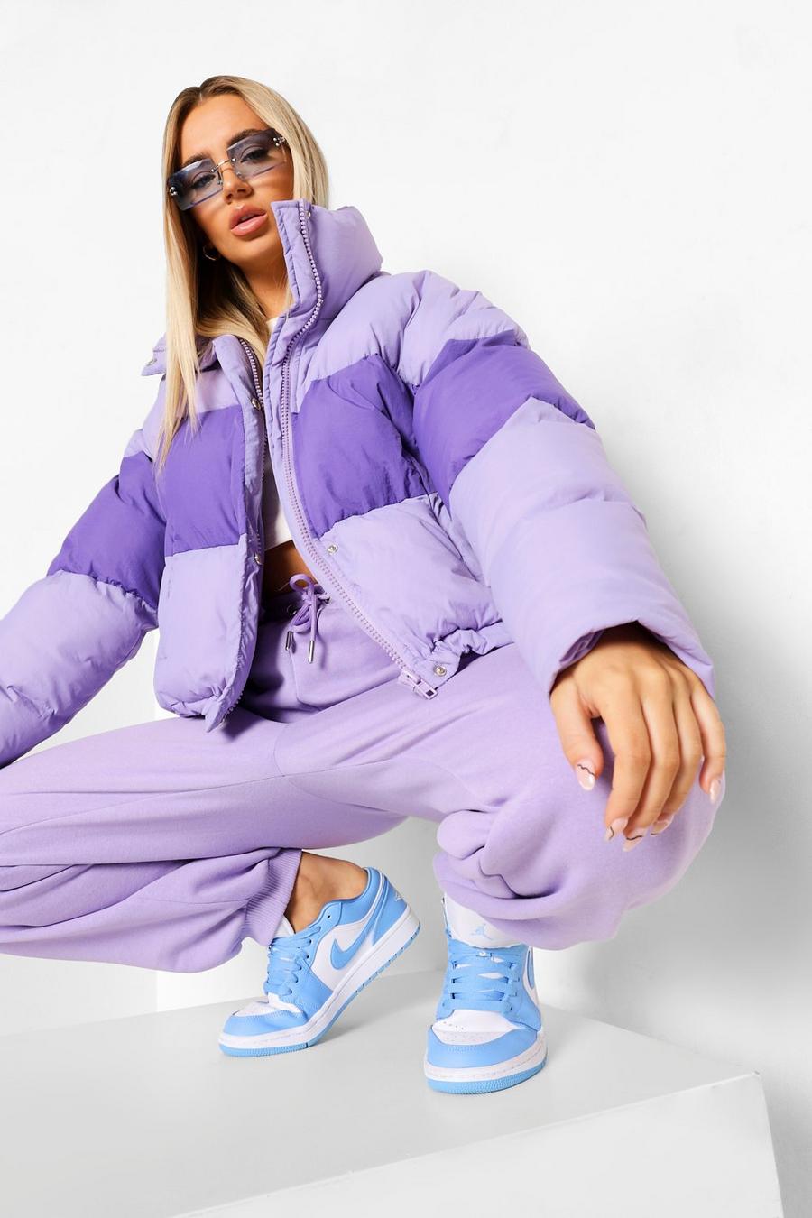 PURPLE PUFFER COAT WITH COLOR BLOCK PURPLE PUFFER COAT WITH COLOR BLOCK