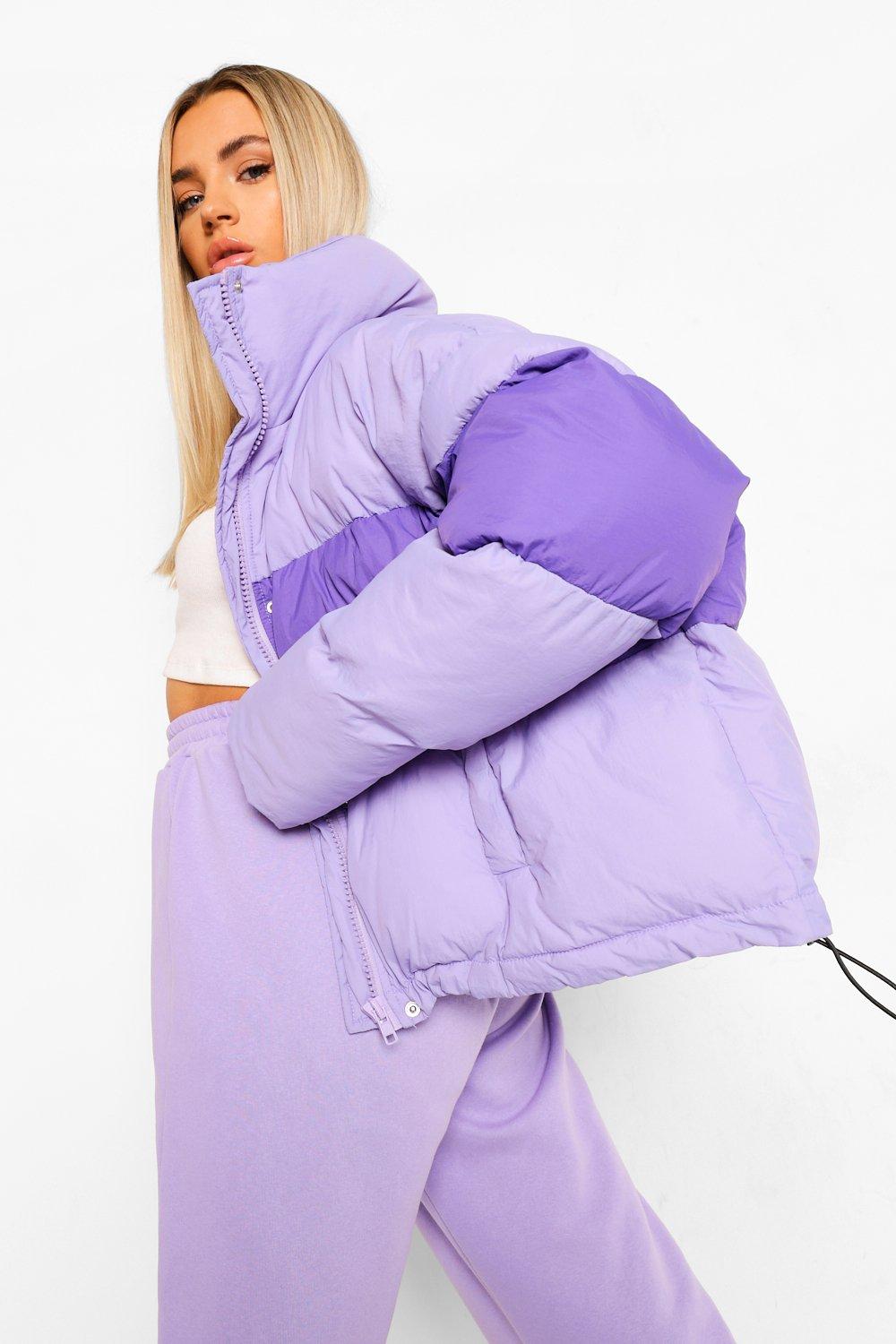 PURPLE PUFFER COAT WITH COLOR BLOCK PURPLE PUFFER COAT WITH COLOR BLOCK