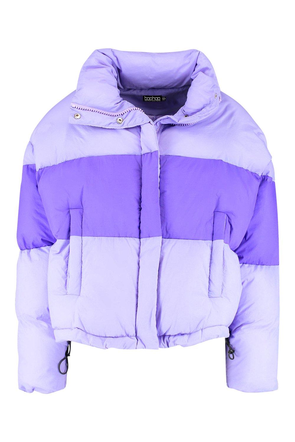 PURPLE PUFFER COAT WITH COLOR BLOCK PURPLE PUFFER COAT WITH COLOR BLOCK