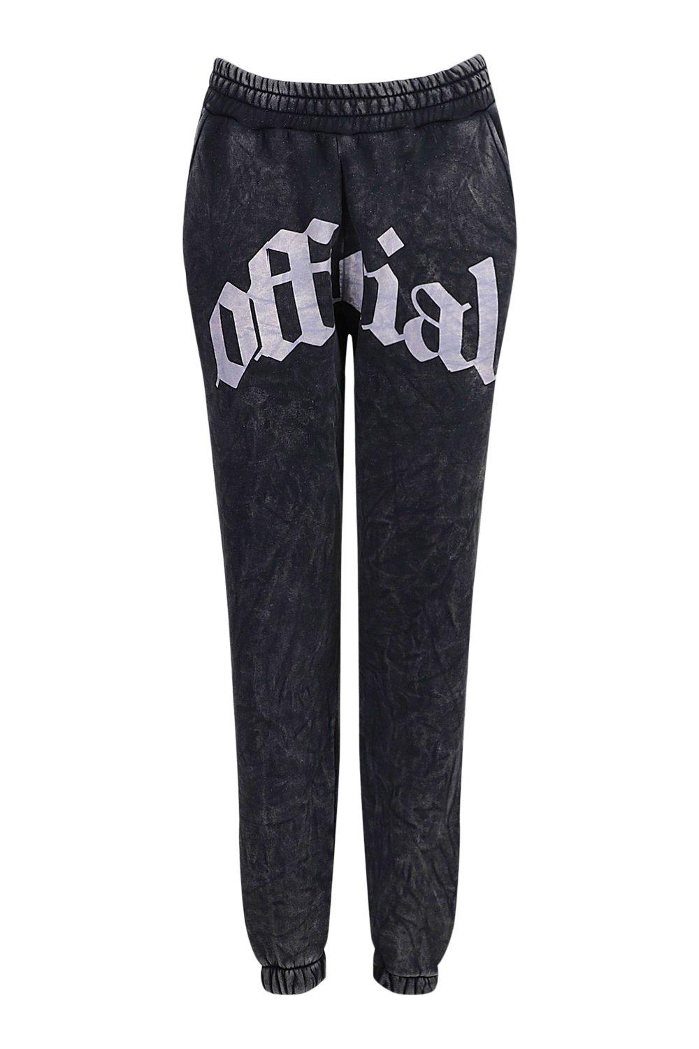 Women s Charcoal Acid Wash Official Front Print Joggers Boohoo UK