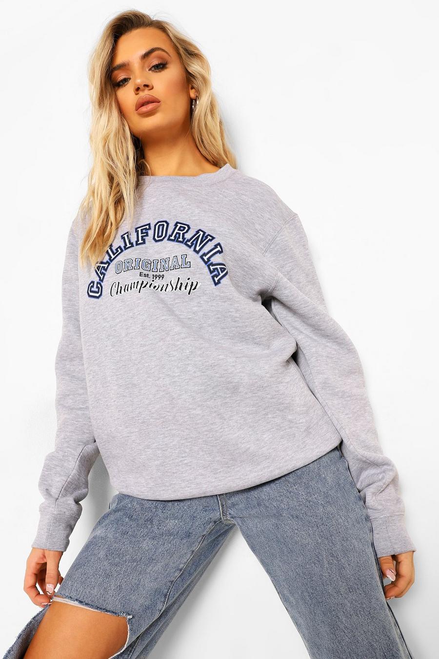 Grey marl "California" Sweatshirt med slogan i varsitystil image number 1