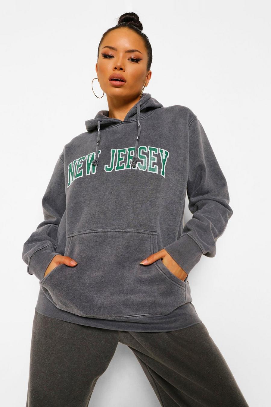 Charcoal "New Jersey" Oversize överfärgad hoodie med tryck image number 1