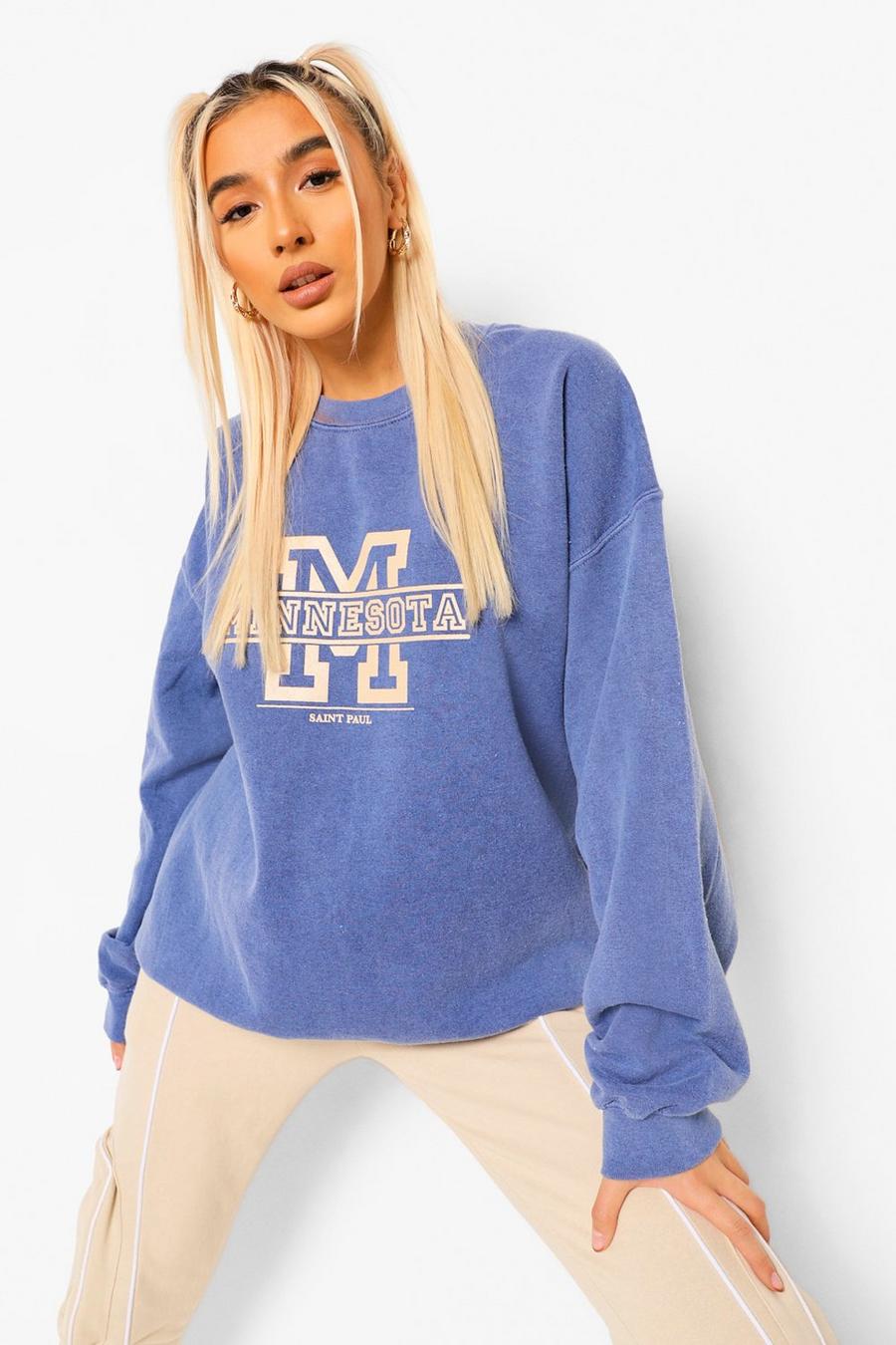 Sweatshirt mit College-Slogan in Acid-Wash-Optik und Übergröße  , Marineblau image number 1