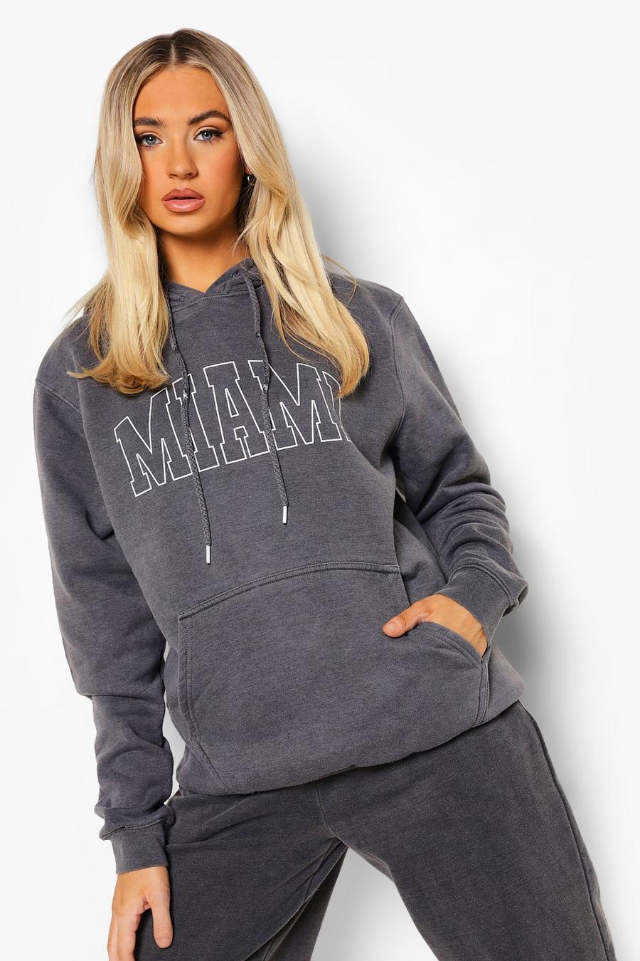 Charcoal Overdyed Miami Slogan Oversized Hoodie image number 1