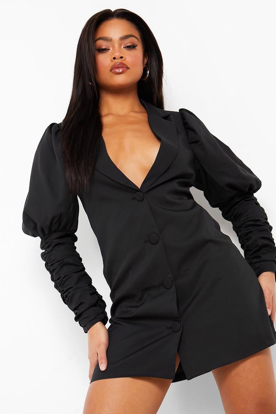 Black Puff Shoulder Ruched Sleeve Tailored Blazer Dress image number 1