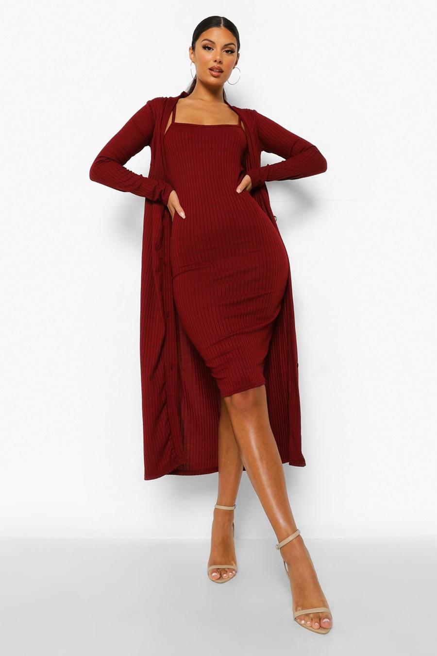 Berry rot Rib Midi Dress Button Through Duster Set image number 1