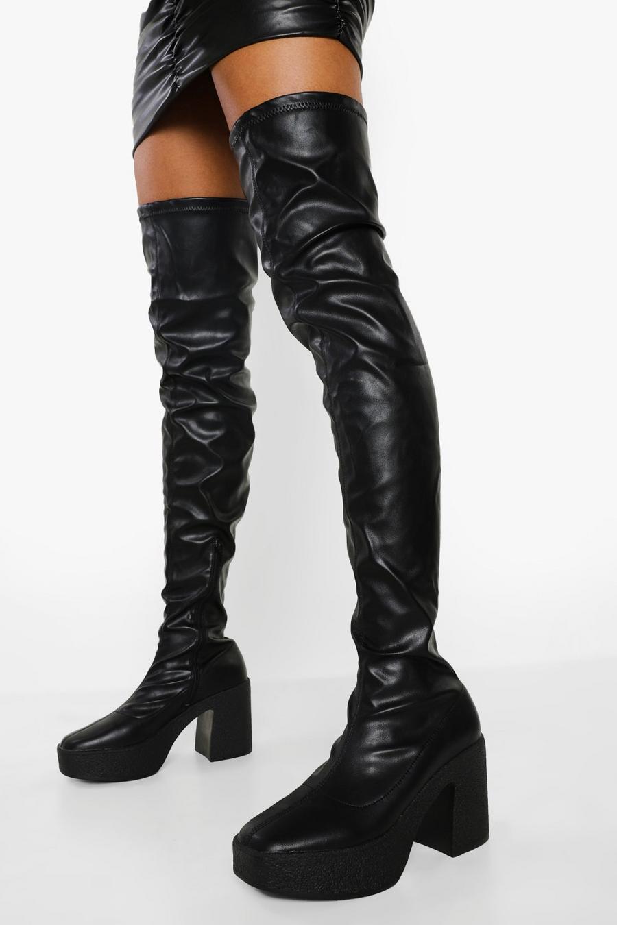 Black Chunky Platform Over The Knee High Boots image number 1