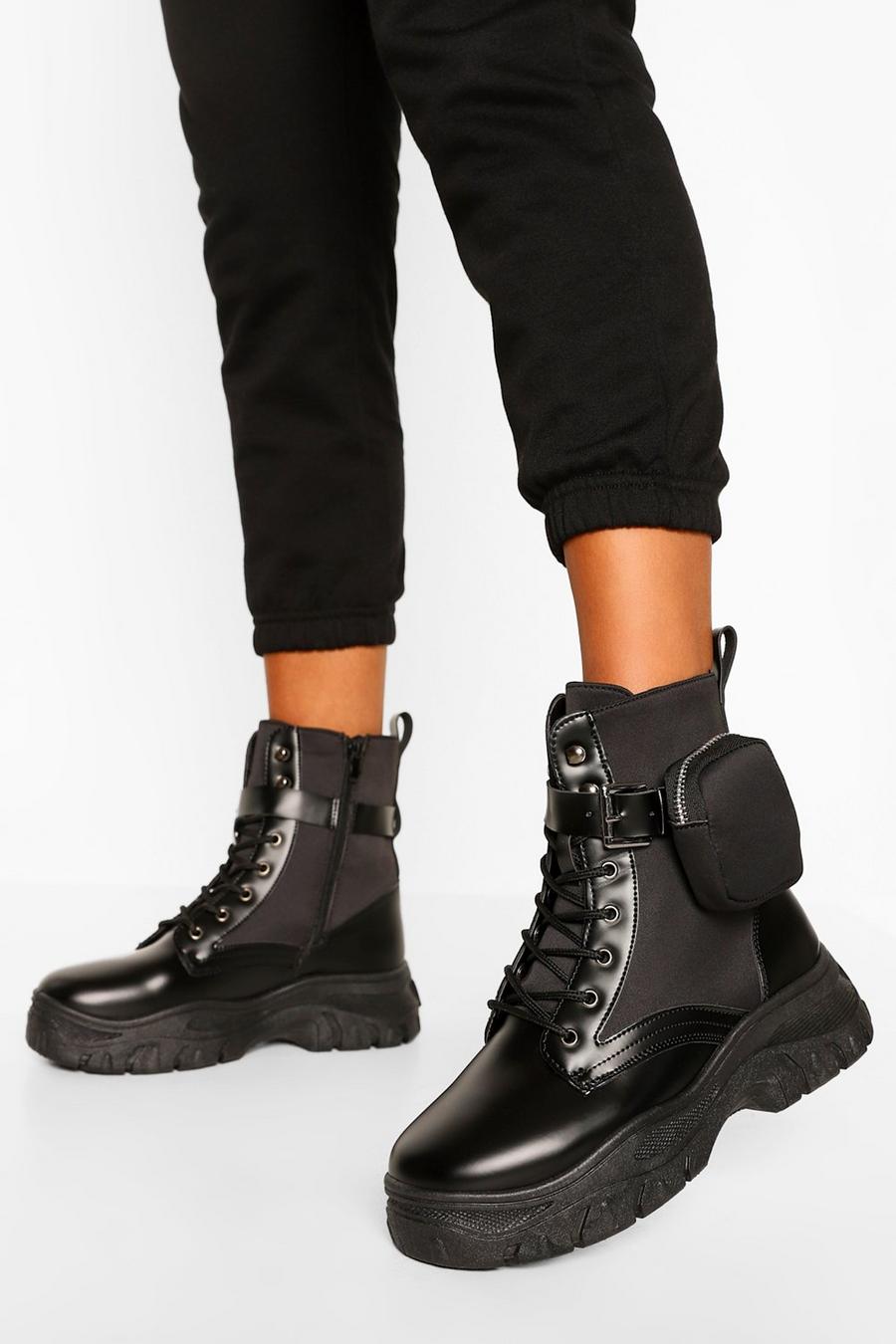 Black Pouch Detail Chunky Combat Boots image number 1
